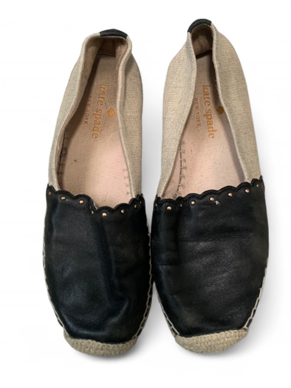 kate spade Gardenia Black and Beige Scalloped Espadrille Flats